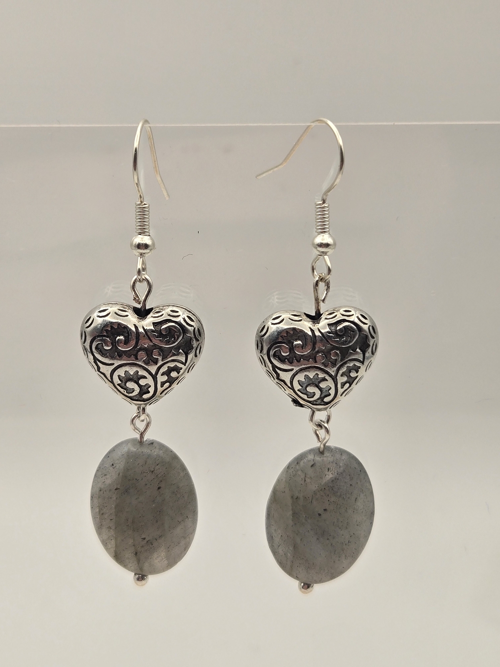 Silver Heart Filigree Earrings with Gray Stone Drops
